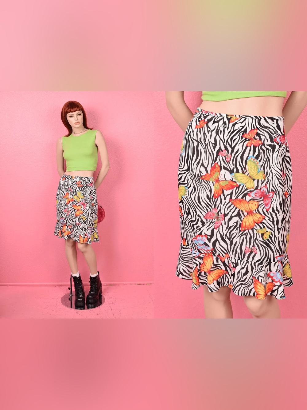 Y2K 90s 2000’s Zebra Print & Butterfly Midi Skirt Vintage Skirt Sz 6